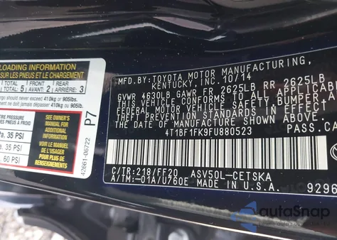 2015 Toyota Camry Se из США, поврежденный, VIN 4T1BF1FK9FU880523